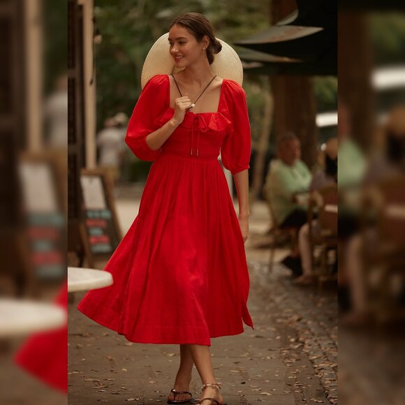 Free People Oasis Midi Dress M 8 Women Cotton Red 3/4 Sleeve Smocked NWT 45028 - Picture 1 of 6